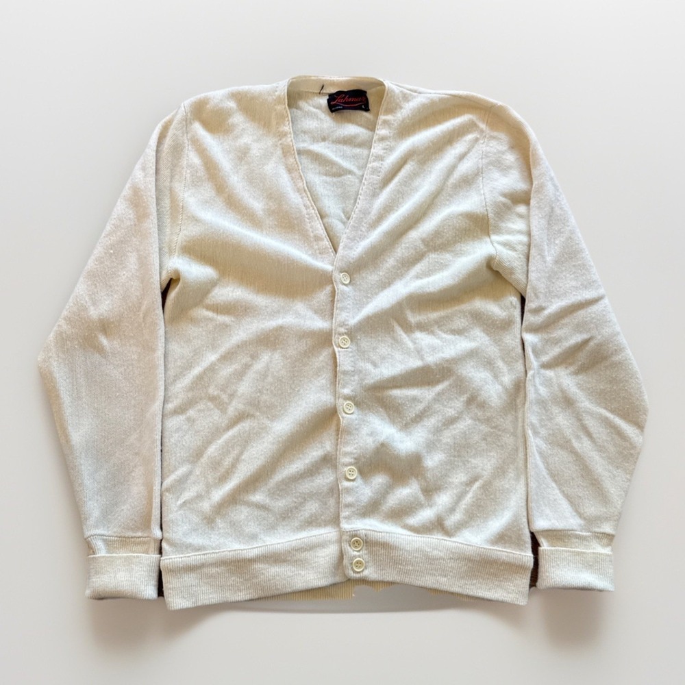 Vintage Lahmar‎ Cardigan Mens L Button Front Sweater Ivory Acrylic Knit 80s